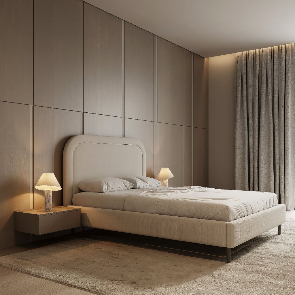 Bedroom styled with geometric rug and green headboard